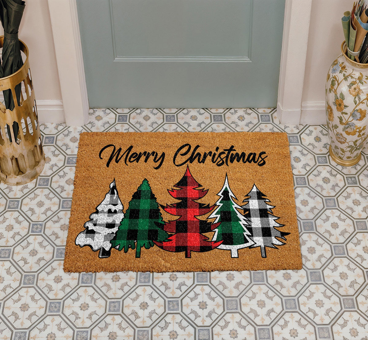 Merry Christmas Buffalo Plaid Tree Doormat, Plaid Christmas Trees Welcome Mat