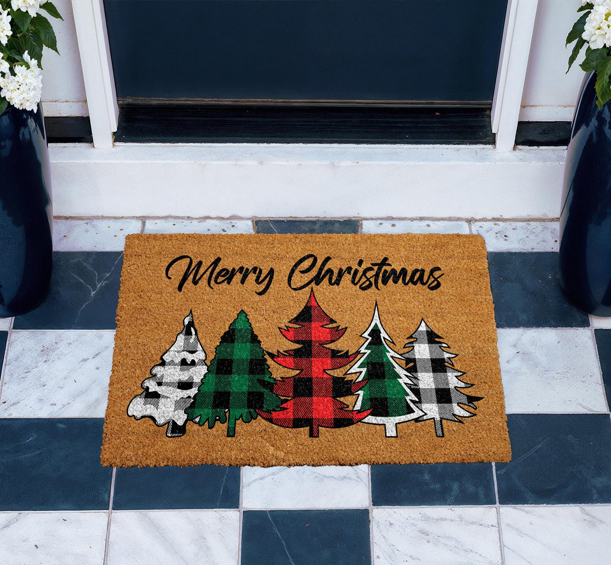 Merry Christmas Buffalo Plaid Tree Doormat, Plaid Christmas Trees Welcome Mat