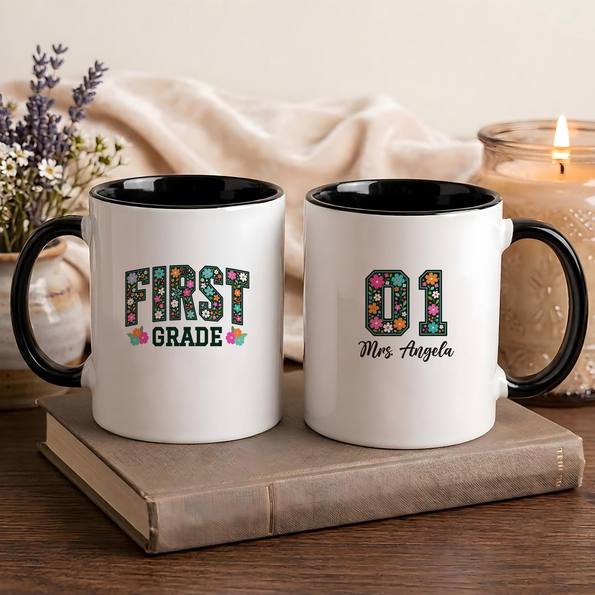 Personalized Floral First Grade Teacher Mug, Custom Floral Letter 1st Grade Educator Coffee Cup