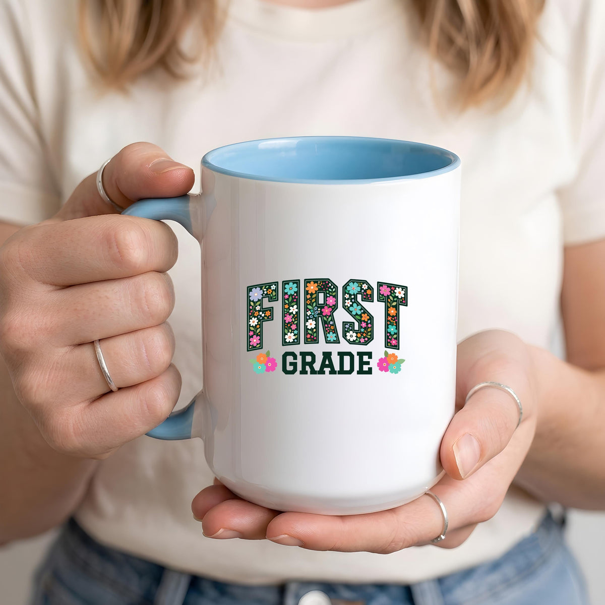 Personalized Floral First Grade Teacher Mug, Custom Floral Letter 1st Grade Educator Coffee Cup