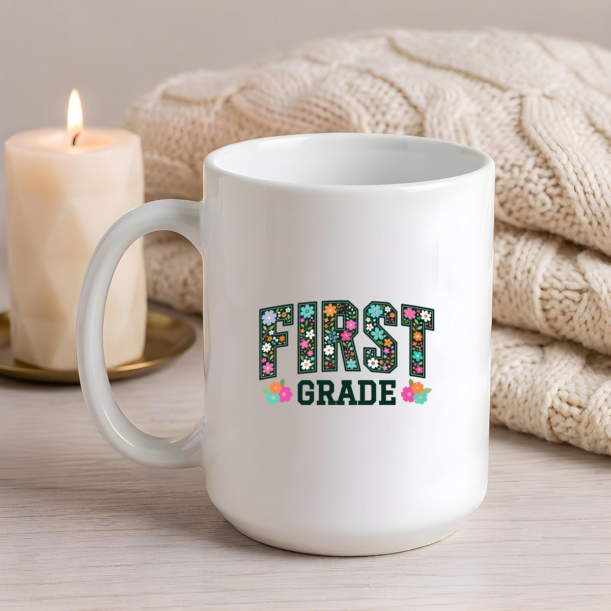 Personalized Floral First Grade Teacher Mug, Custom Floral Letter 1st Grade Educator Coffee Cup