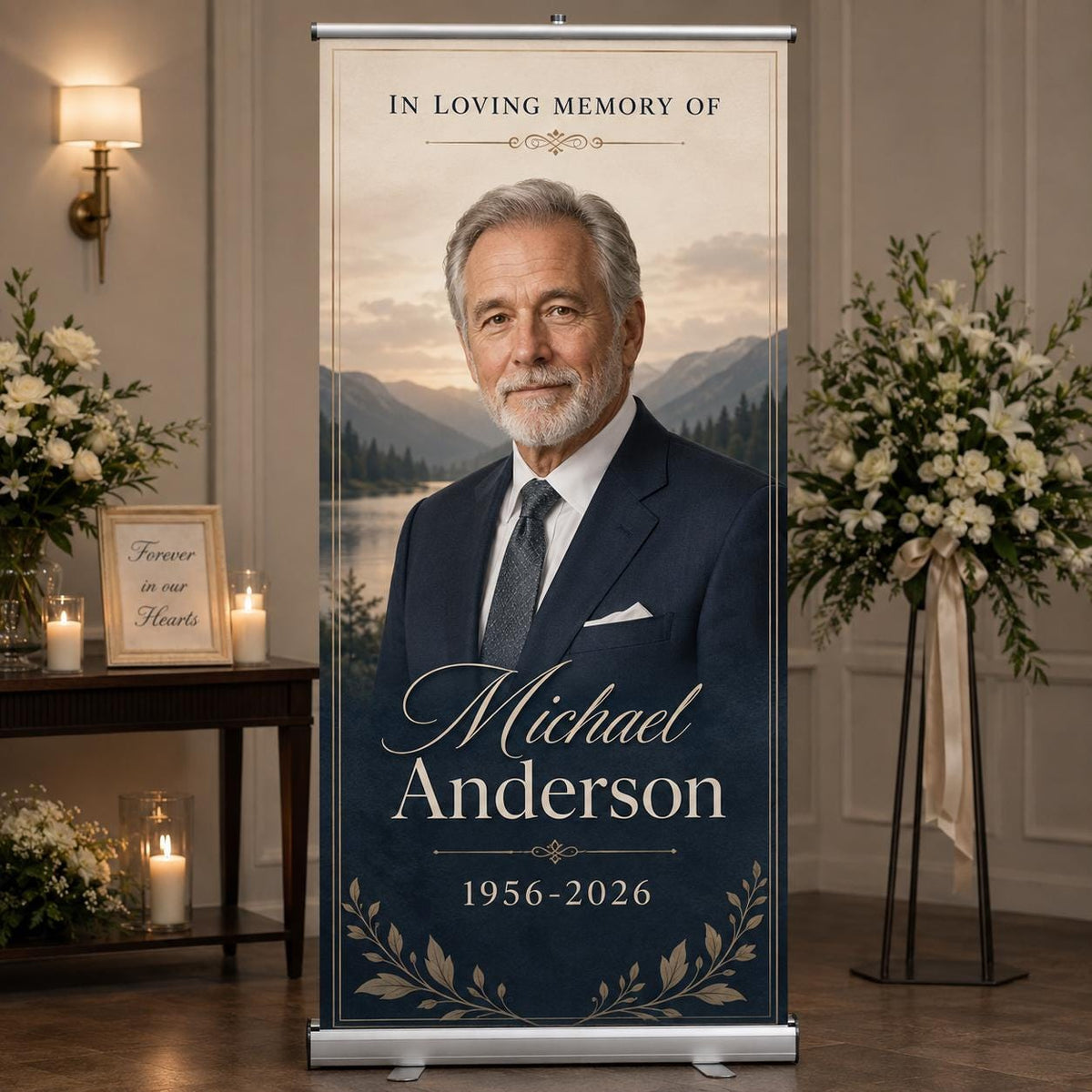Memorial Retractable Banner, Personalized Photo Tribute Display (33x80'')