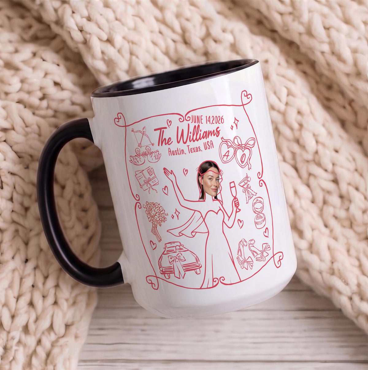 Custom Bride Line Art Mug, Personalized Bachelorette Ceramic Cup
