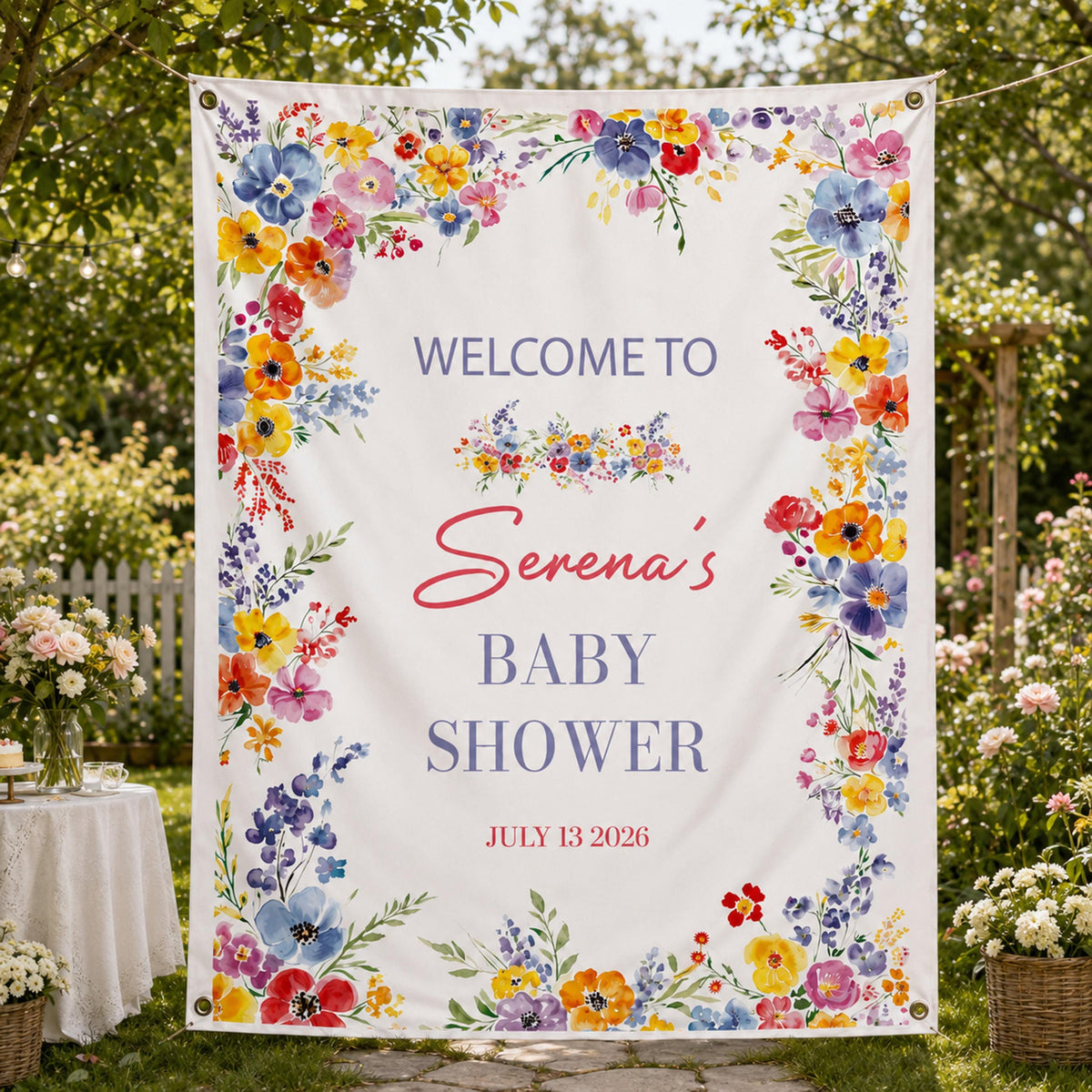 Floral Baby Shower Banner, Watercolor Garden Party Backdrop, Personalized Welcome Sign