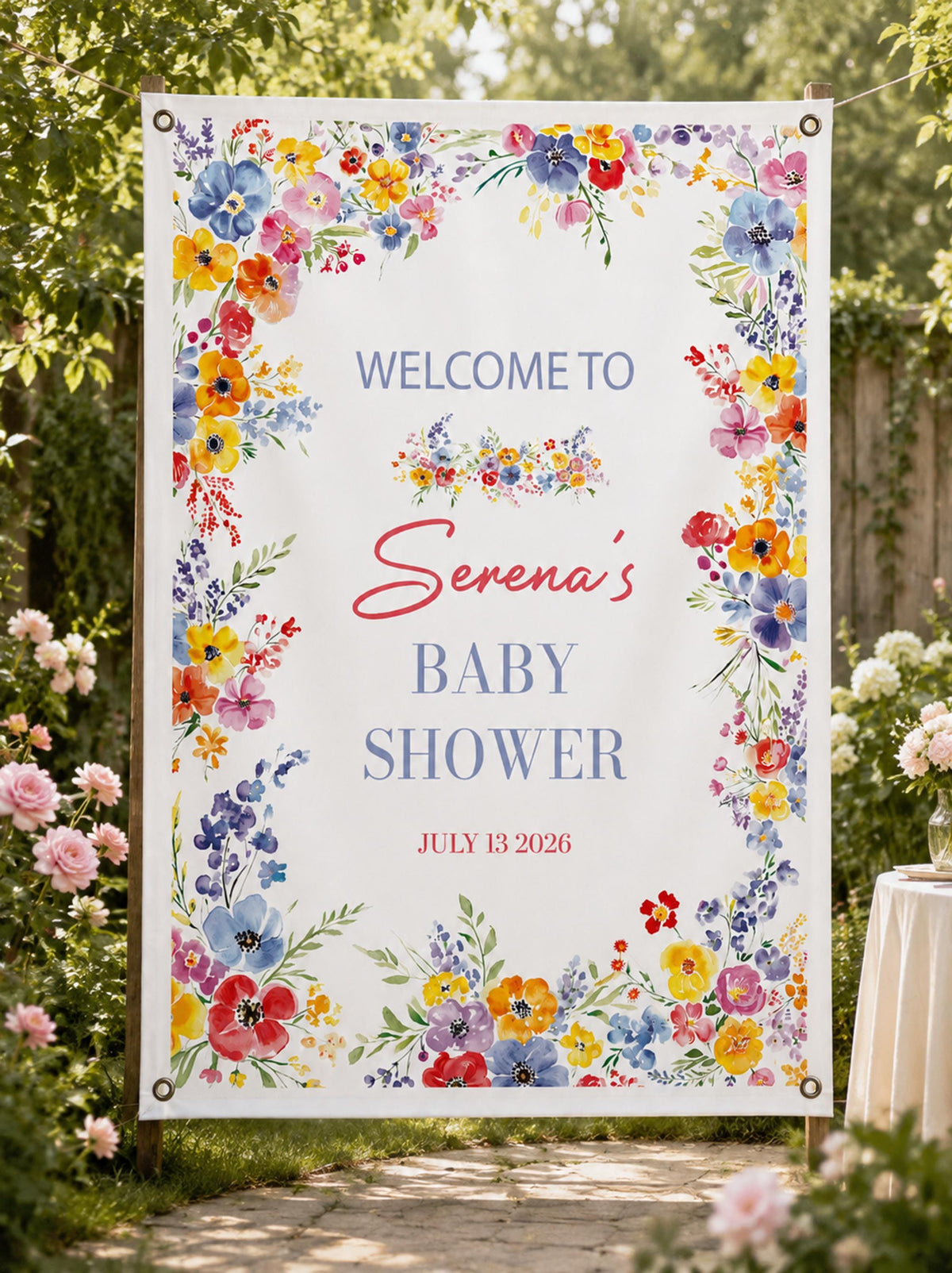 Floral Baby Shower Banner, Watercolor Garden Party Backdrop, Personalized Welcome Sign