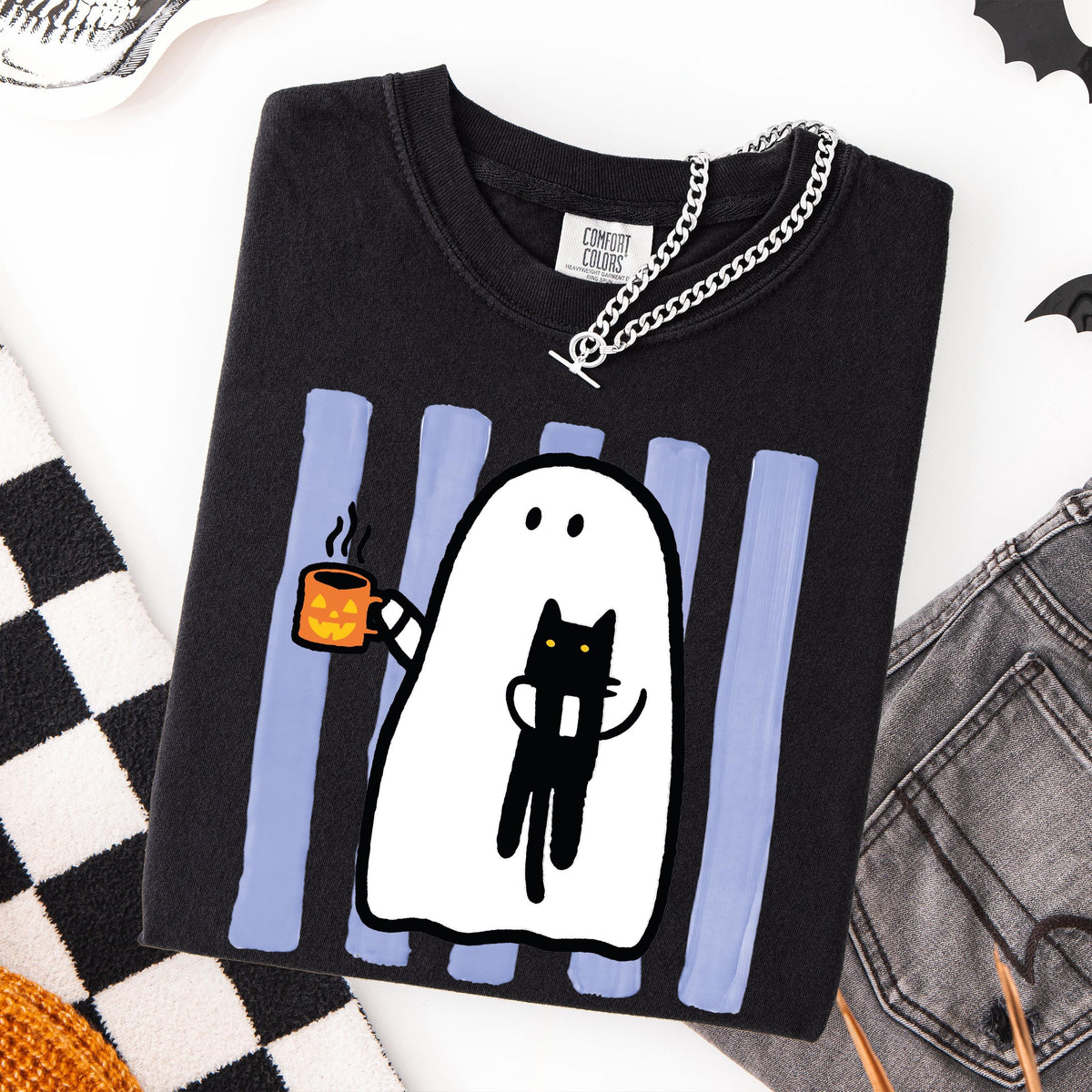 Ghost & Cat Comfort Colors® Shirt, Striped Spooky Season Shirt, Coffee Lover Halloween Gift