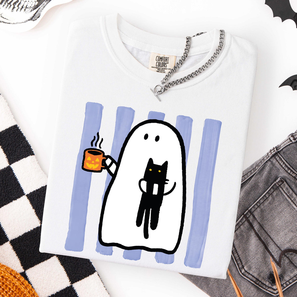 Ghost & Cat Comfort Colors® Shirt, Striped Spooky Season Shirt, Coffee Lover Halloween Gift
