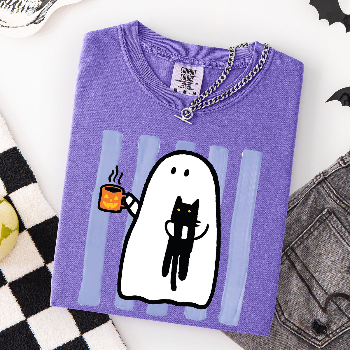 Ghost & Cat Comfort Colors® Shirt, Striped Spooky Season Shirt, Coffee Lover Halloween Gift