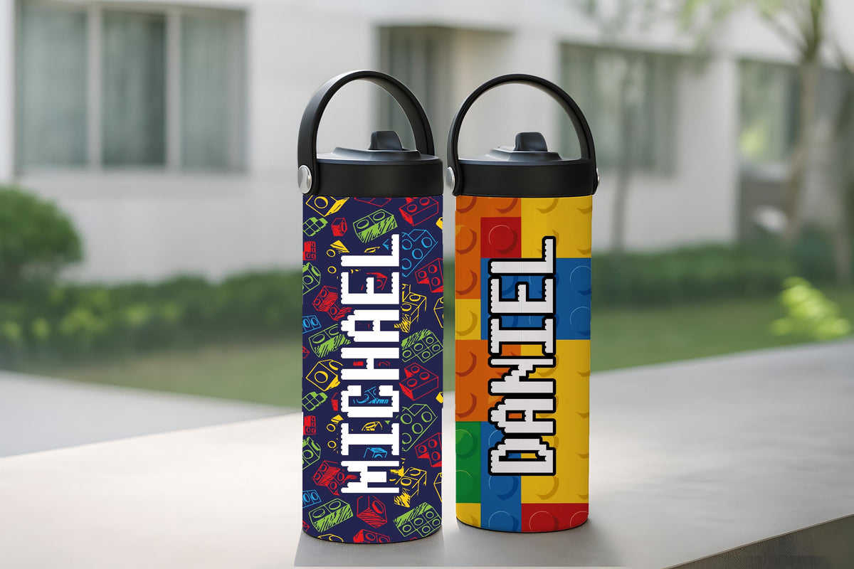 Personalized Building Block Kids Water Bottle, Custom Name Brick Toy Design Kids Tumbler