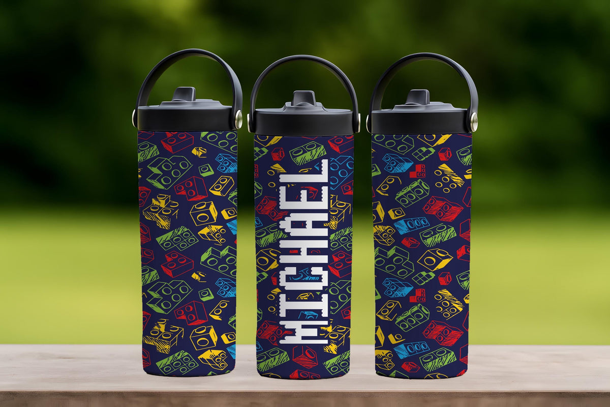 Personalized Building Block Kids Water Bottle, Custom Name Brick Toy Design Kids Tumbler