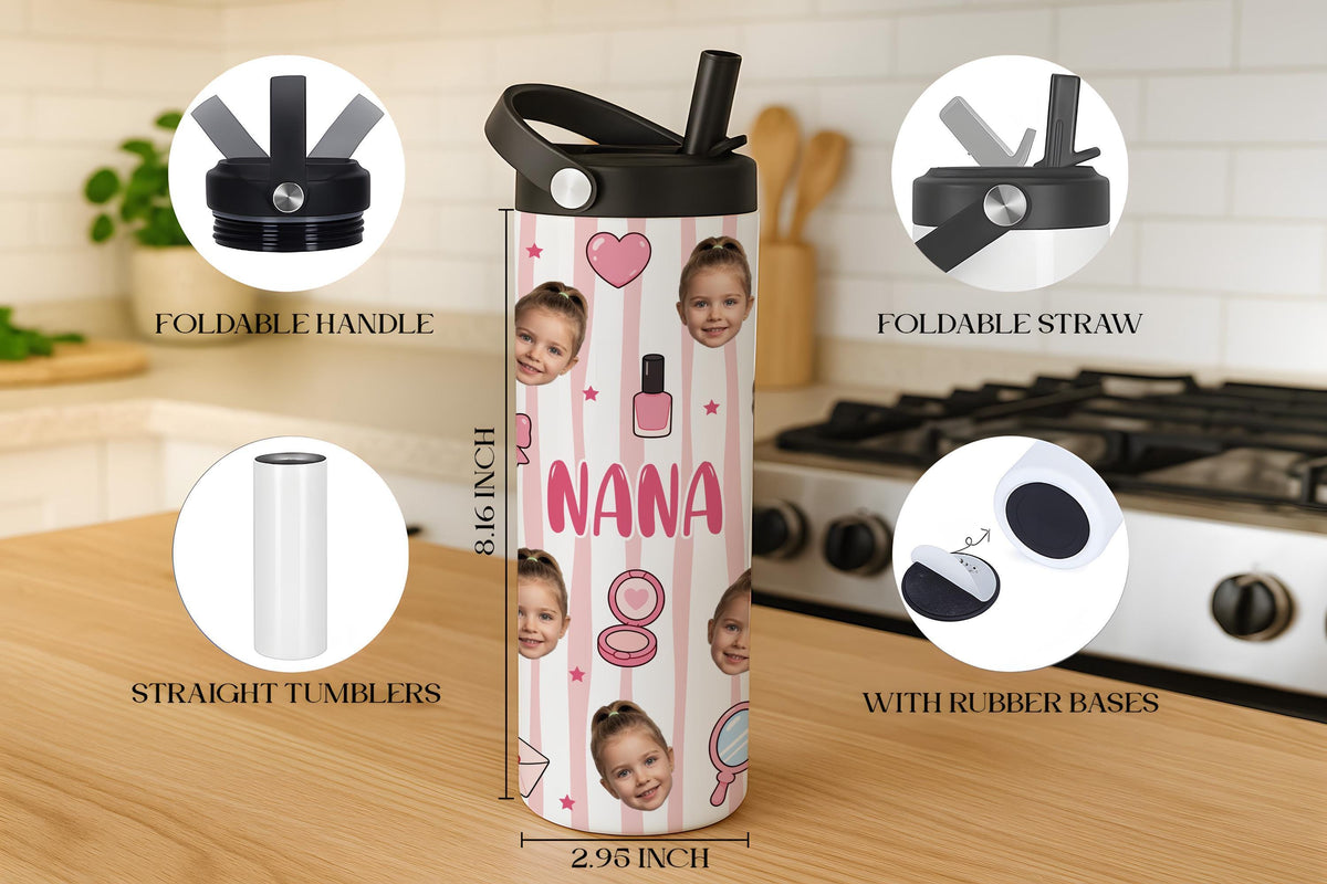 Personalized Kids Face Photo Tumbler with Handle, Custom Picture Toddle Water Bottle