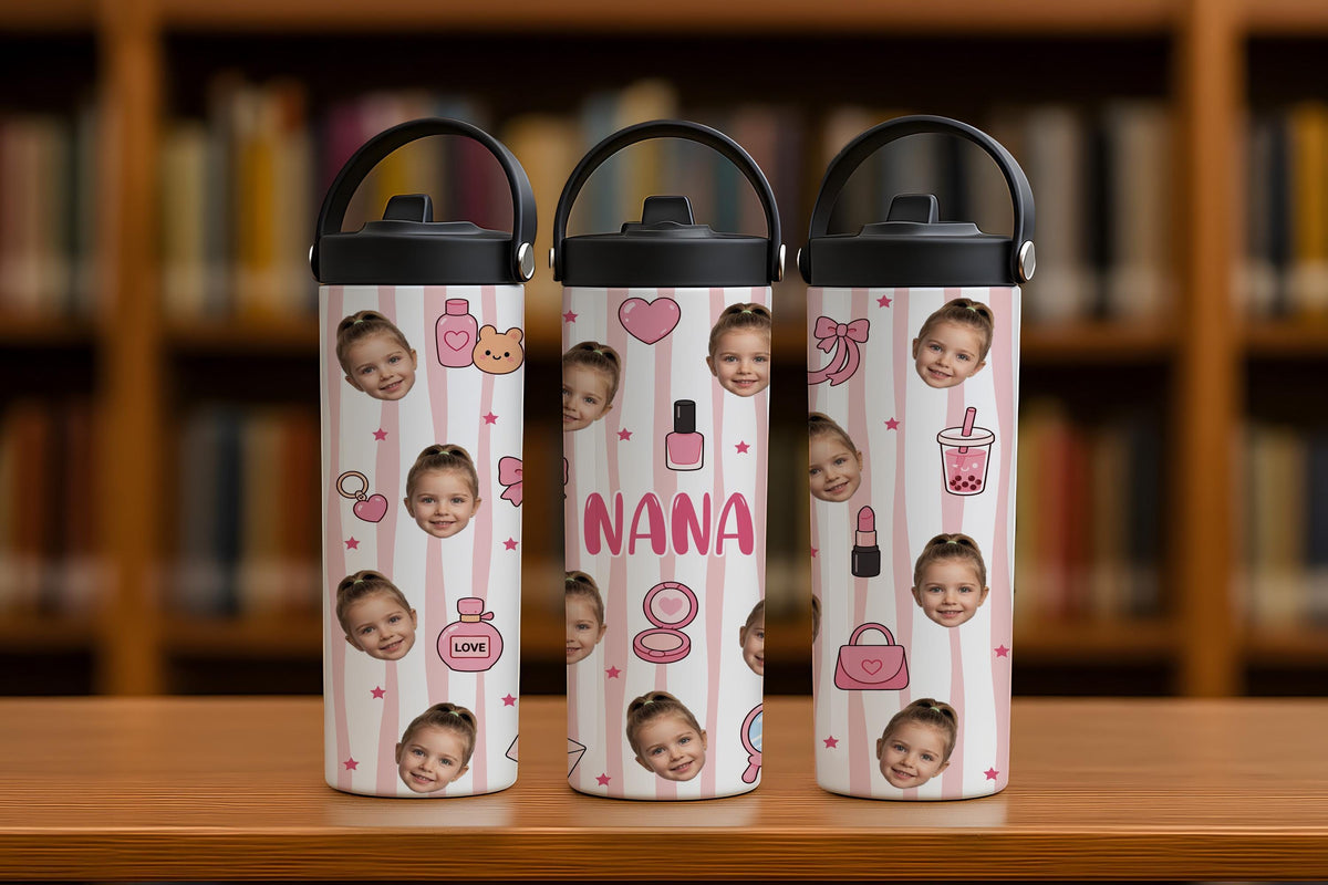 Personalized Kids Face Photo Tumbler with Handle, Custom Picture Toddle Water Bottle