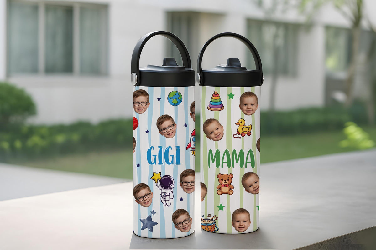 Personalized Kids Face Photo Tumbler with Handle, Custom Picture Toddle Water Bottle