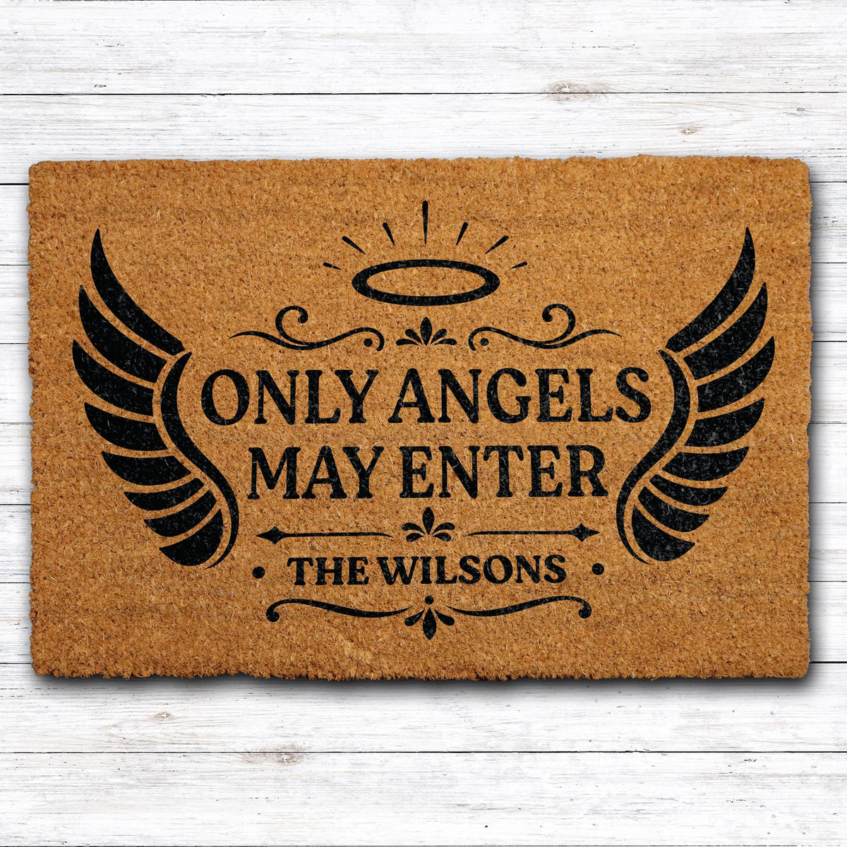Custom Family Name Only Angels May Enter Doormat, Personalized Heavenly Quote Welcome Mat