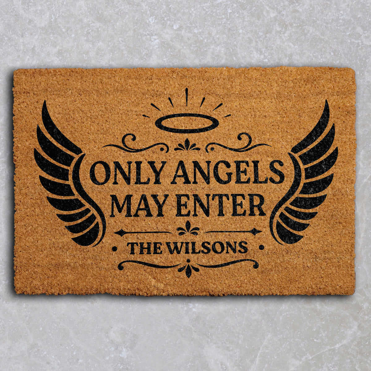 Custom Family Name Only Angels May Enter Doormat, Personalized Heavenly Quote Welcome Mat