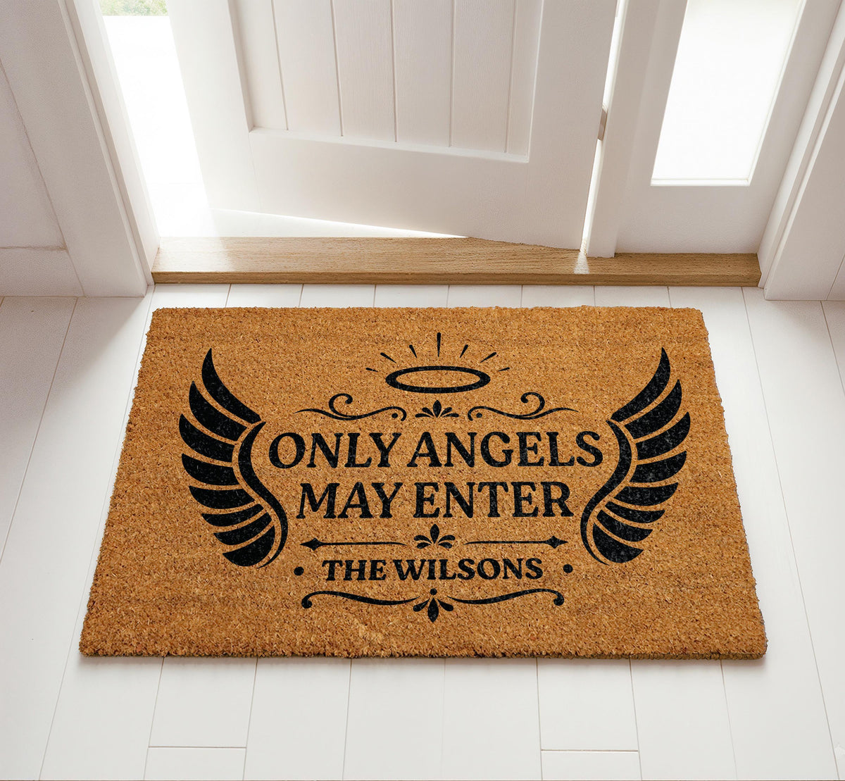 Custom Family Name Only Angels May Enter Doormat, Personalized Heavenly Quote Welcome Mat