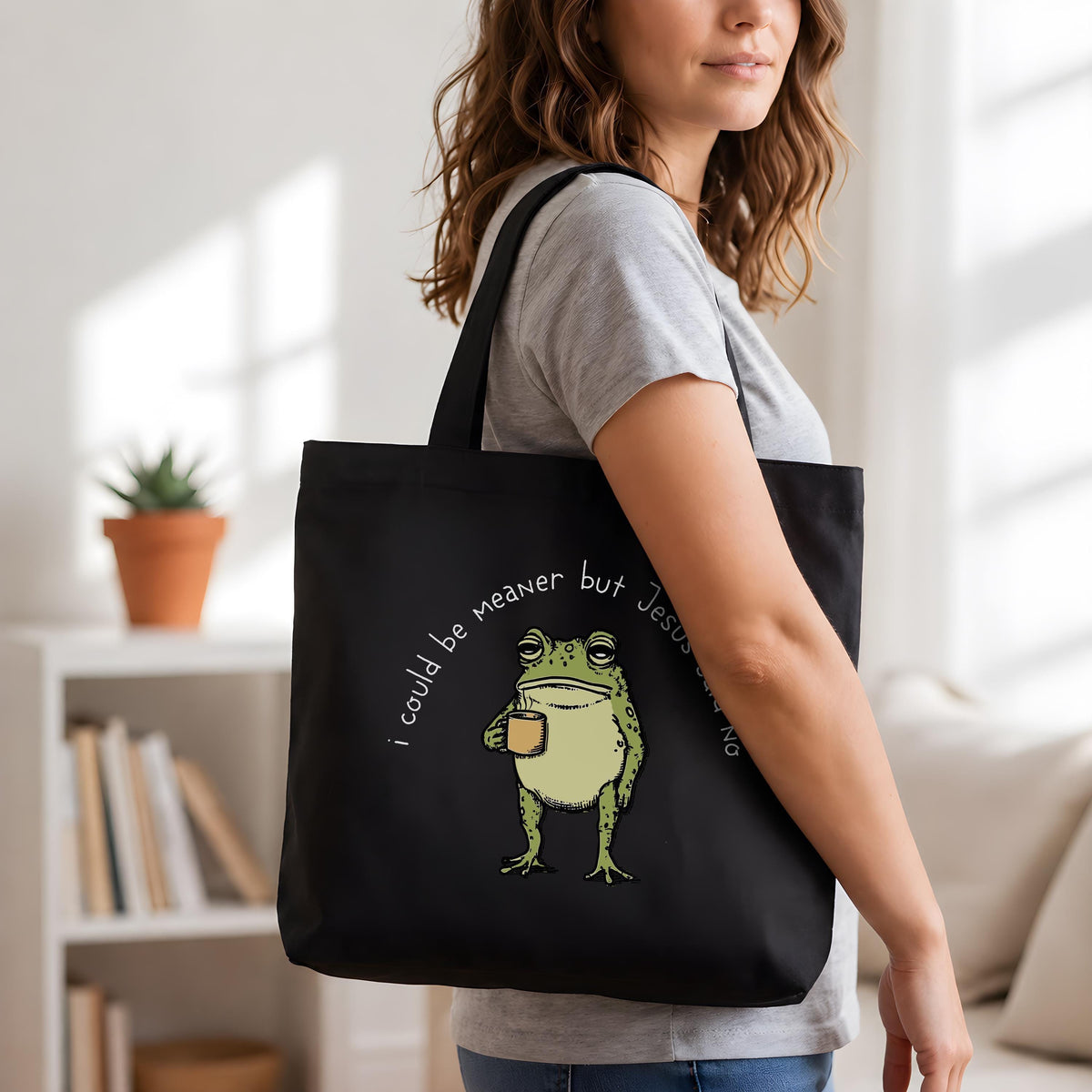 Cotton Canvas Tote Bag, Sarcastic Frog Quote Design, Daily Use Carryall Tumbler