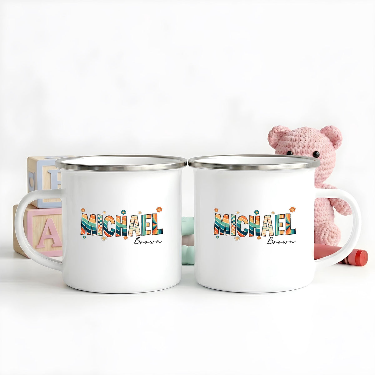 Personalized Retro Groovy Name Mug, Custom Colorful Camping Cup, Boho Floral Drinkware