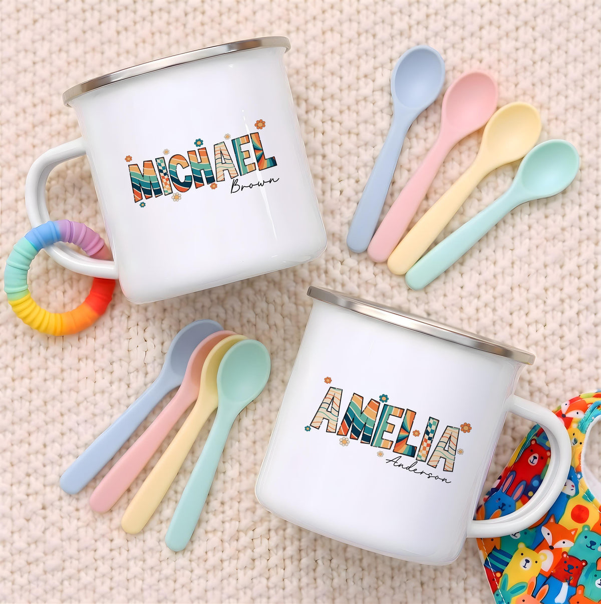 Personalized Retro Groovy Name Mug, Custom Colorful Camping Cup, Boho Floral Drinkware