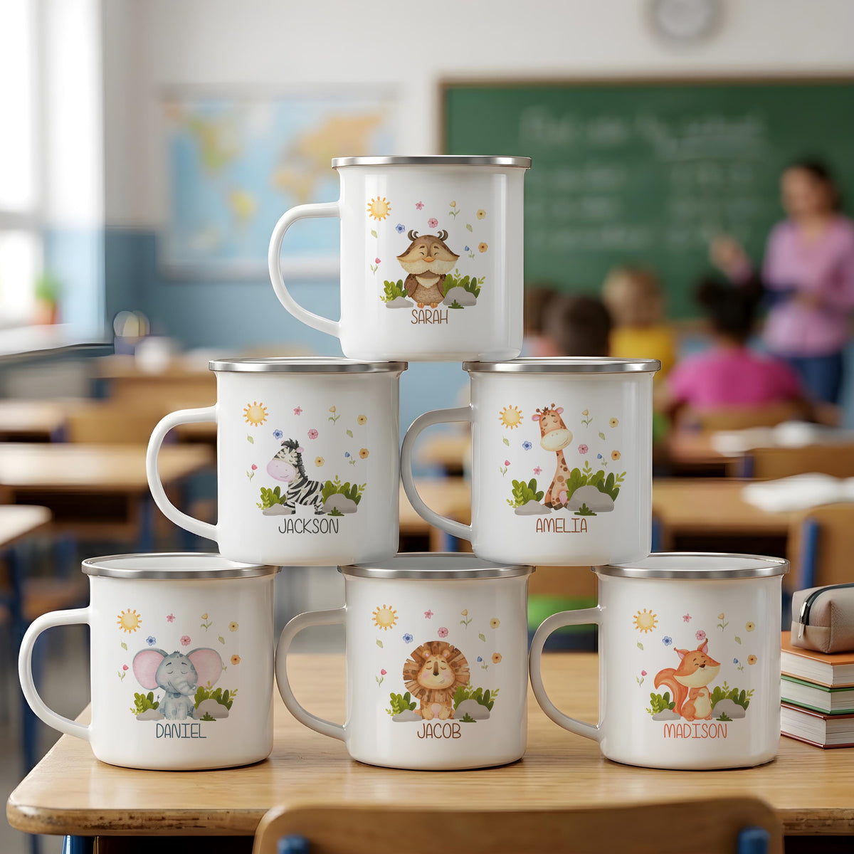 Personalized Safari Animals Stainless Steel Kids Mug, Watercolor Adventure Cup