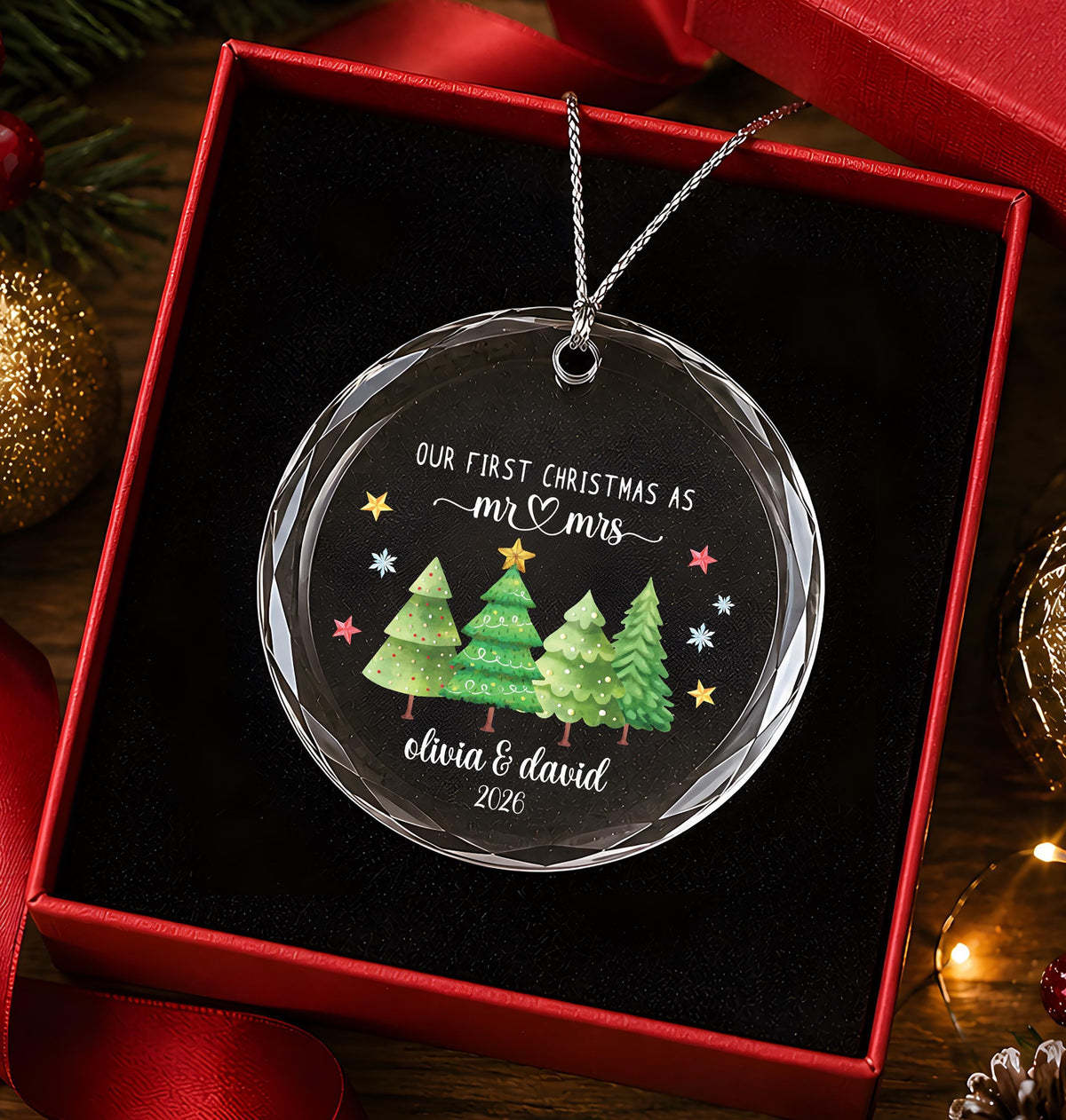 Personalized Crystal Glass Ornament, First Christmas Mr & Mrs Keepsake, Round or Heart Shape