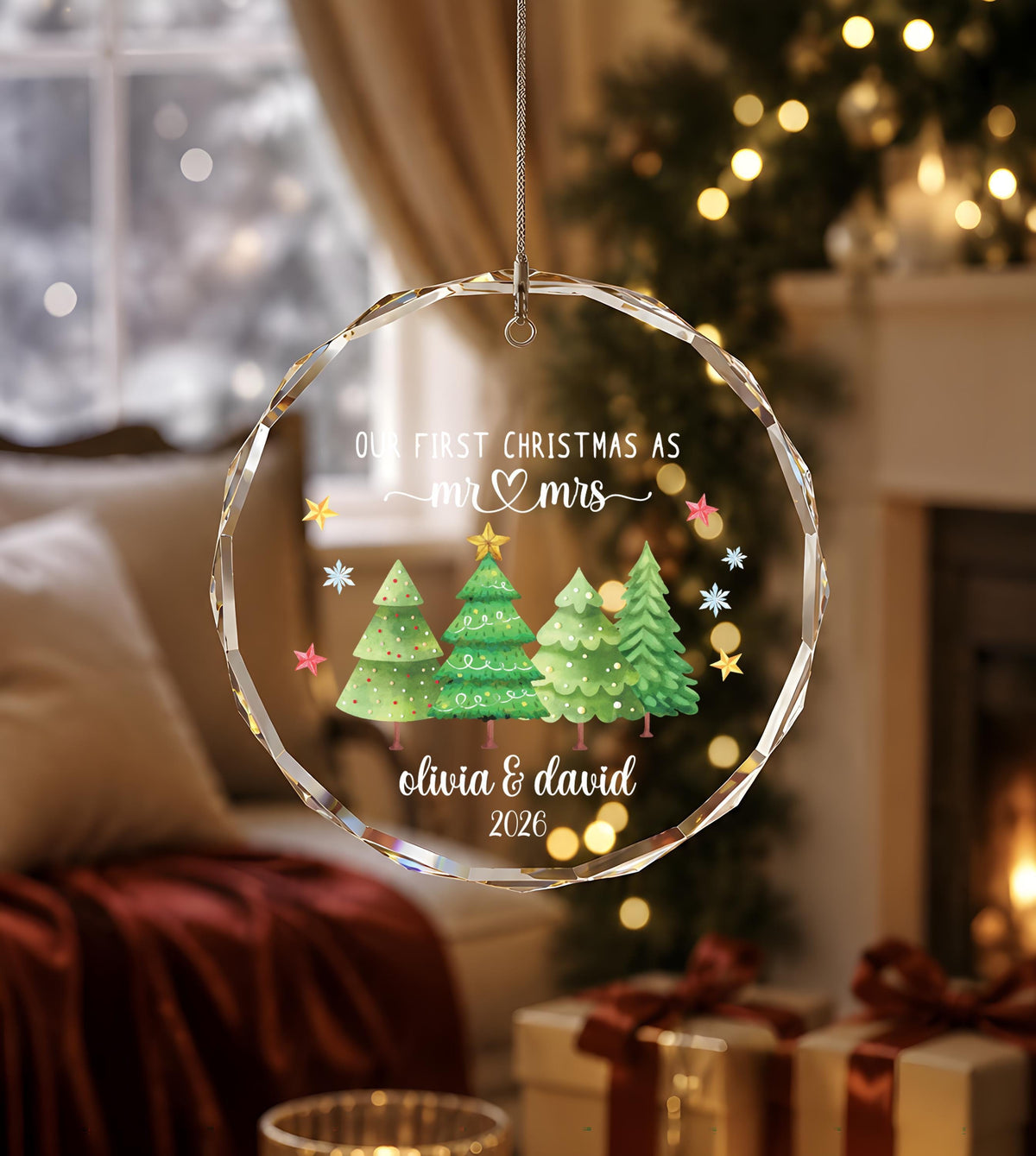 Personalized Crystal Glass Ornament, First Christmas Mr & Mrs Keepsake, Round or Heart Shape