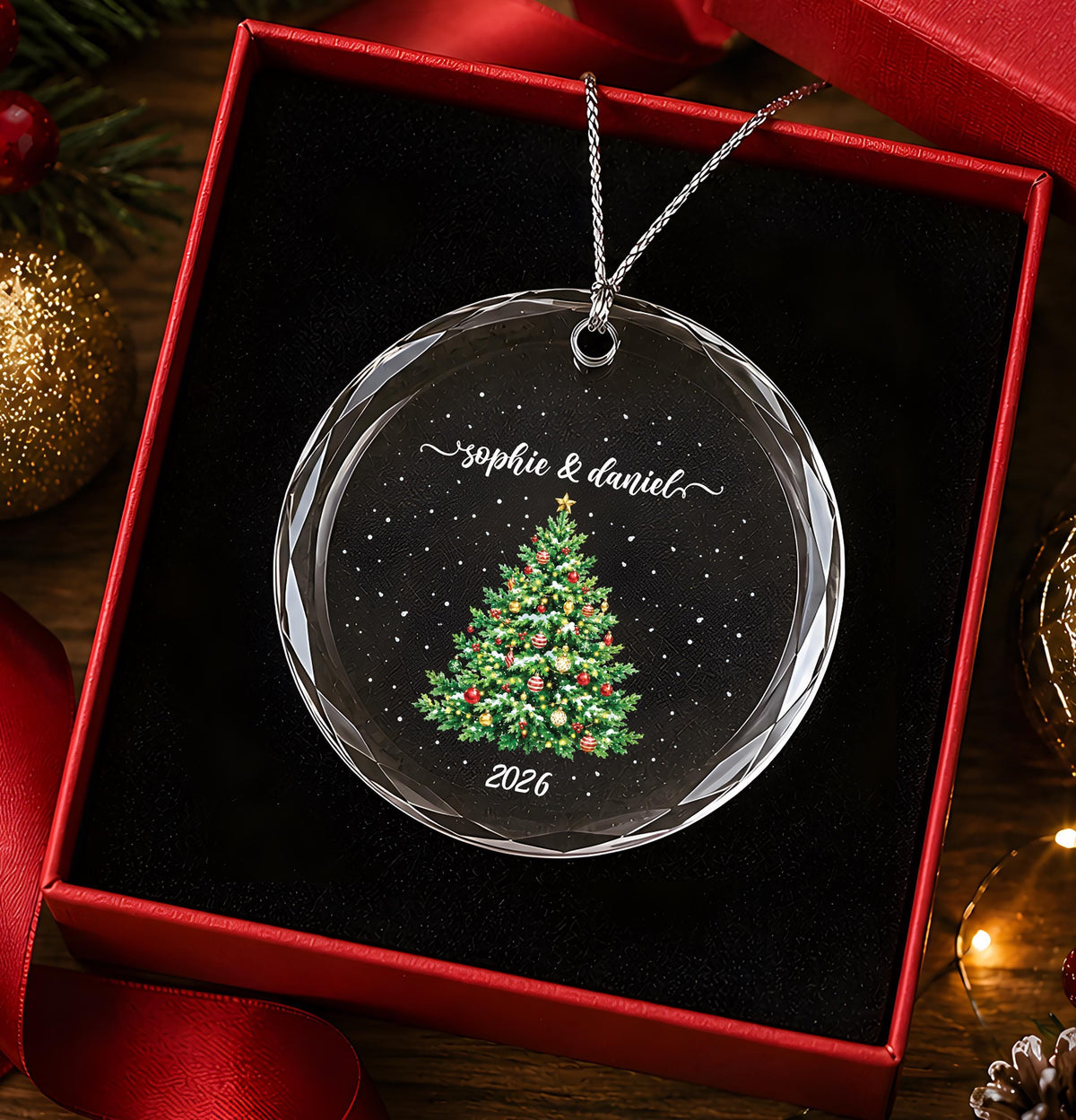 Personalized Crystal Glass Ornament, Round or Heart Shape, Christmas Tree Keepsake