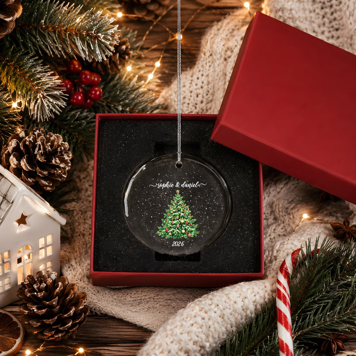 Personalized Crystal Glass Ornament, Round or Heart Shape, Christmas Tree Keepsake