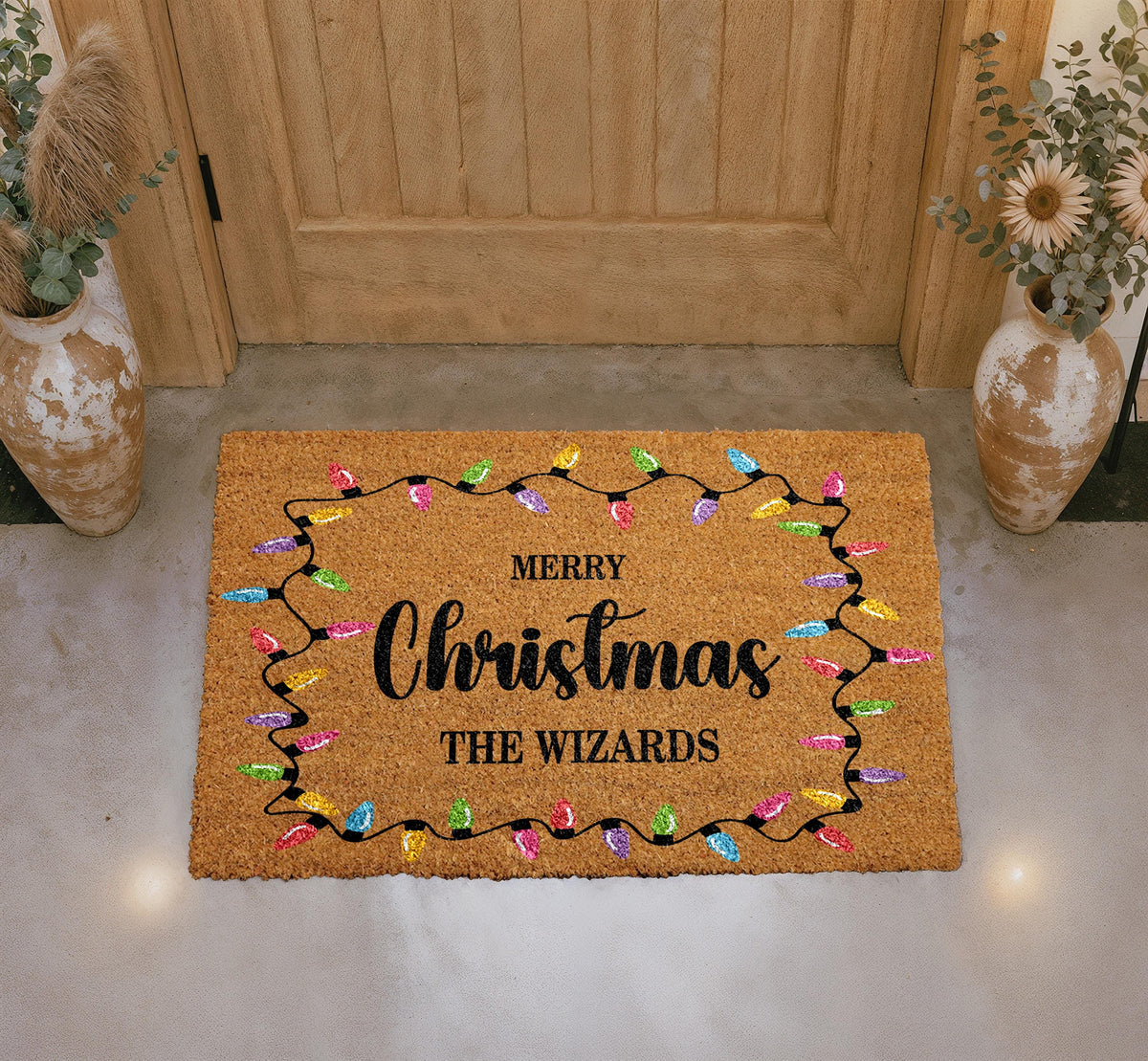 Personalized Christmas Lights Doormat, Custom Family Name Welcome Mat