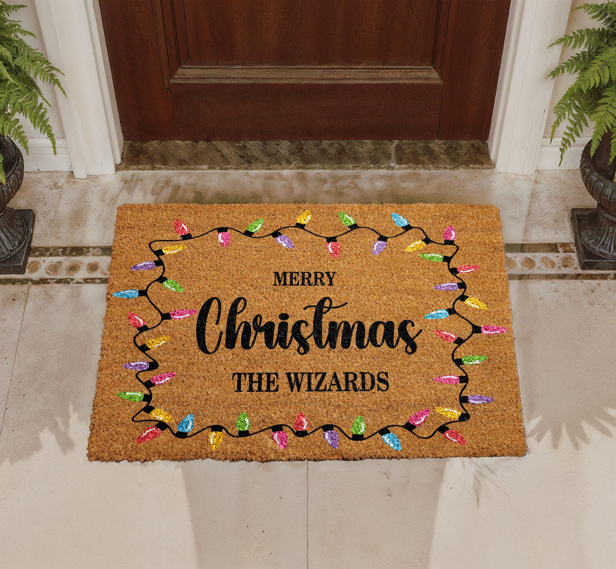 Personalized Christmas Lights Doormat, Custom Family Name Welcome Mat