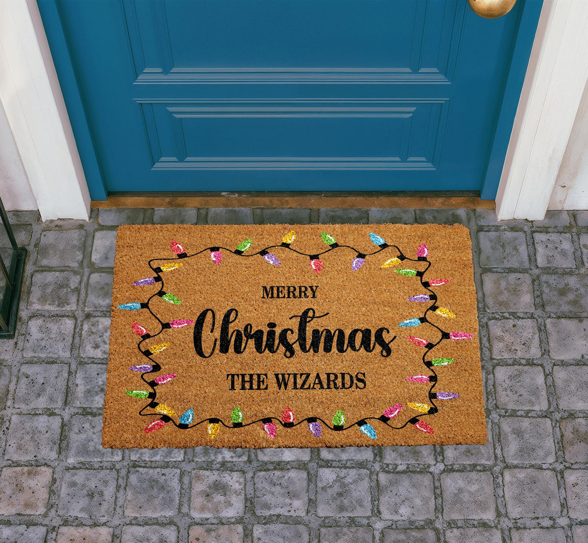 Personalized Christmas Lights Doormat, Custom Family Name Welcome Mat