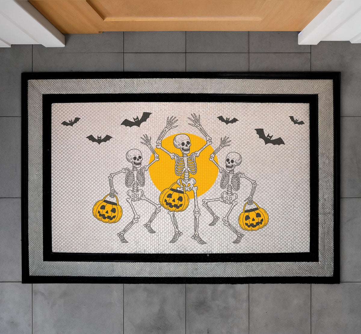 Dancing Skeletons Doormat, Spooky Halloween Porch Decor, Pumpkin Bats Welcome Mat