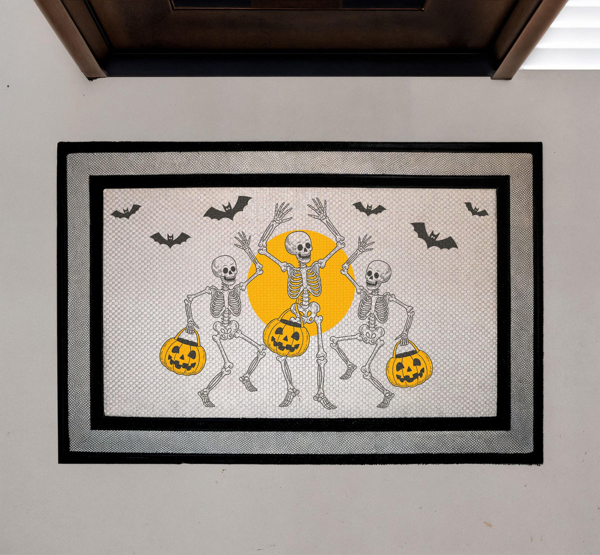 Dancing Skeletons Doormat, Spooky Halloween Porch Decor, Pumpkin Bats Welcome Mat