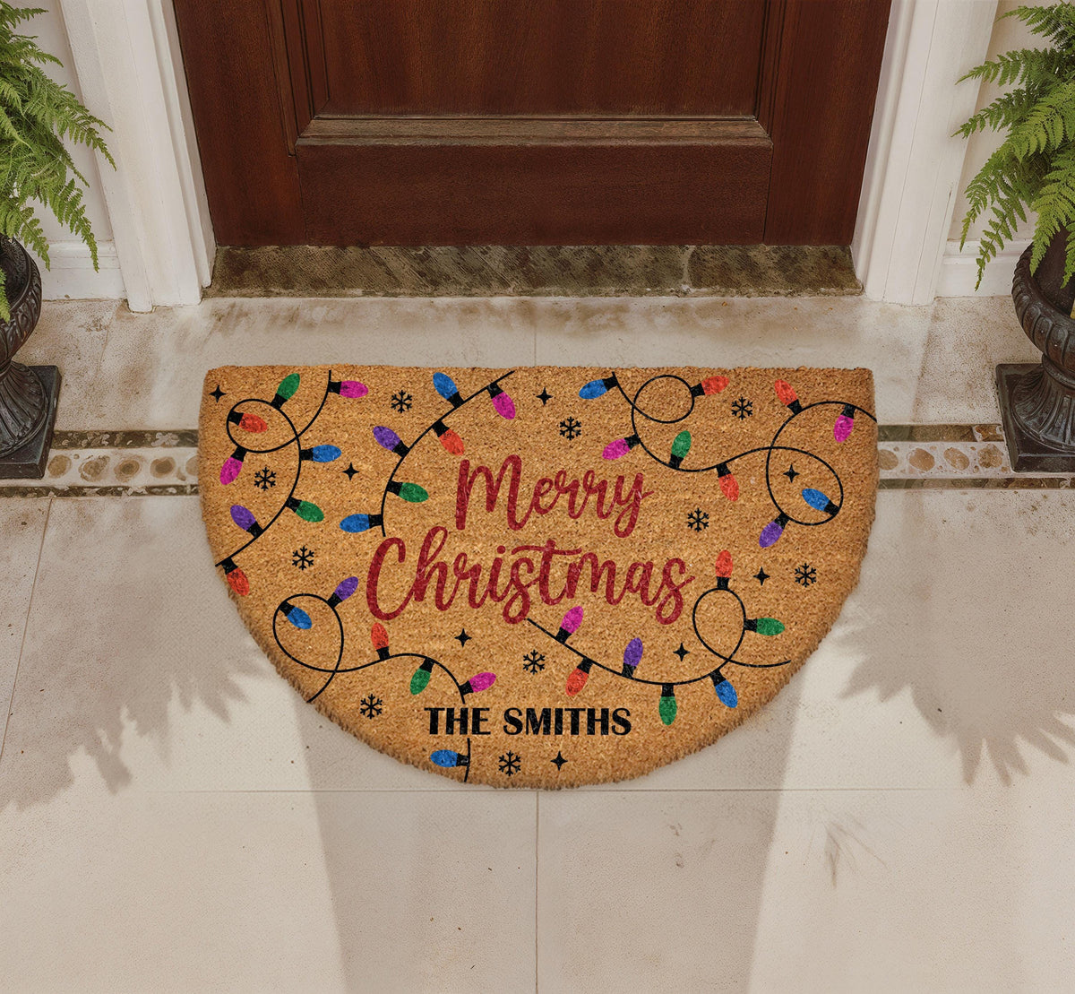 Custom Merry Christmas Doormat, Festive Lights Welcome Mat, Family Name Entrance Decor