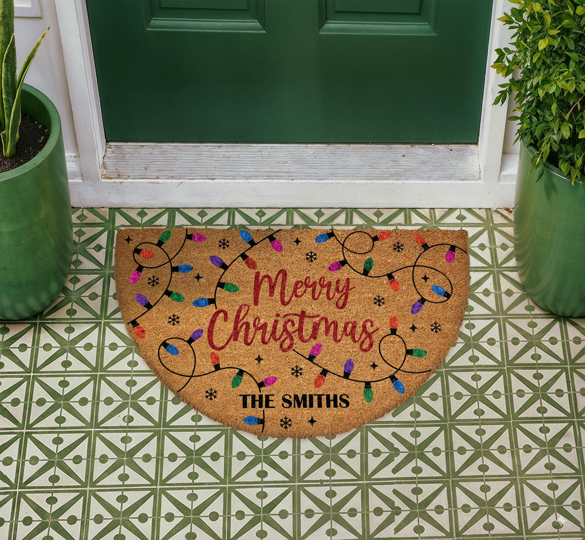 Custom Merry Christmas Doormat, Festive Lights Welcome Mat, Family Name Entrance Decor