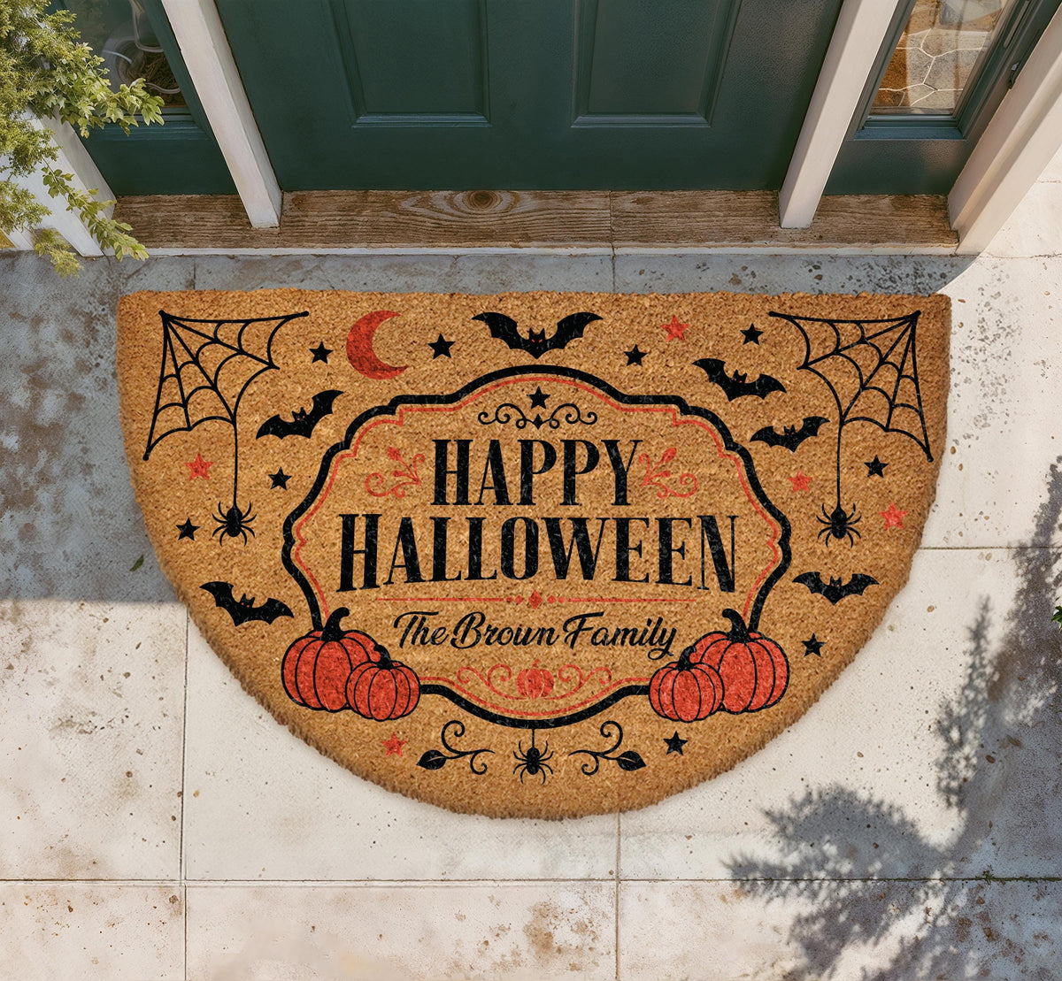 Personalized Halloween Doormat, Custom Family Name Spooky Welcome Mat, Pumpkin Bat Decor