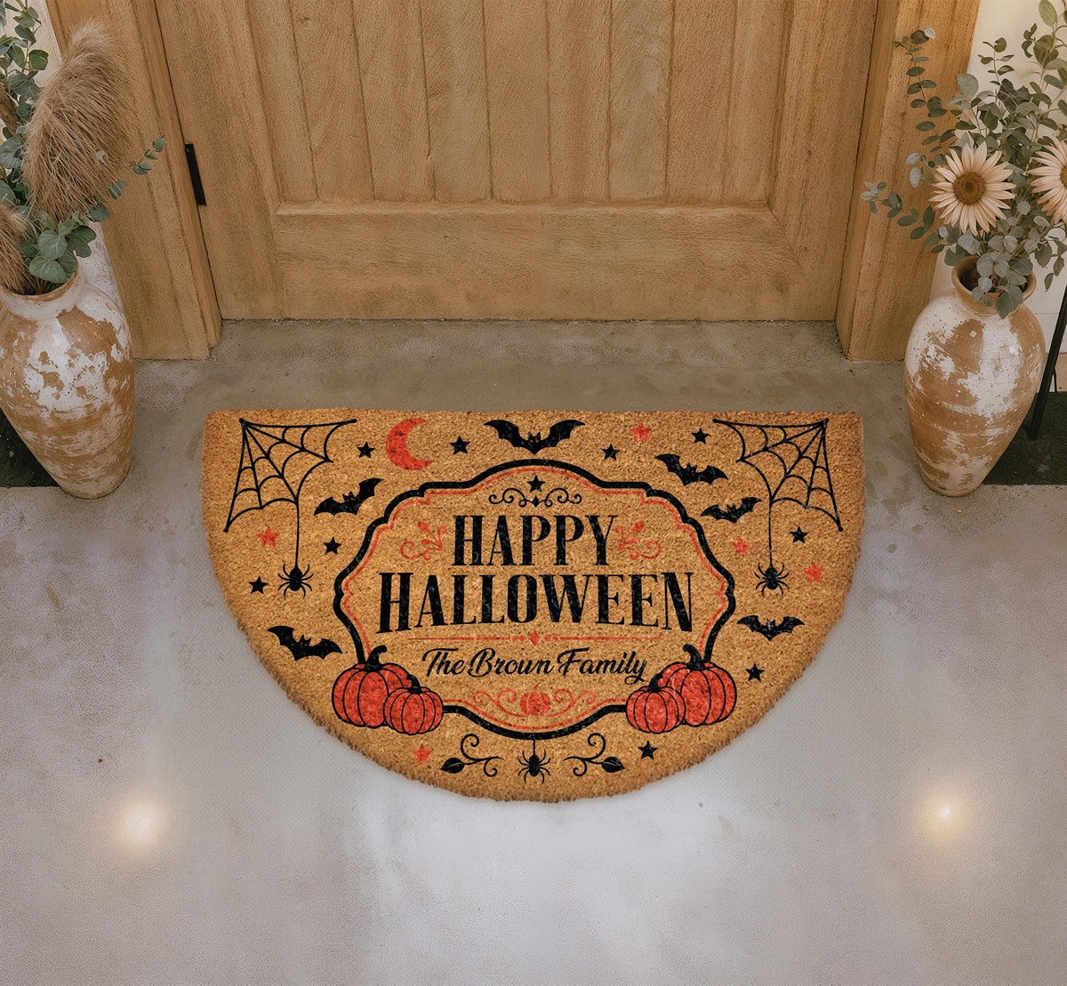 Personalized Halloween Doormat, Custom Family Name Spooky Welcome Mat, Pumpkin Bat Decor