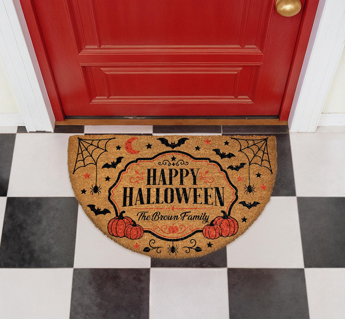 Personalized Halloween Doormat, Custom Family Name Spooky Welcome Mat, Pumpkin Bat Decor