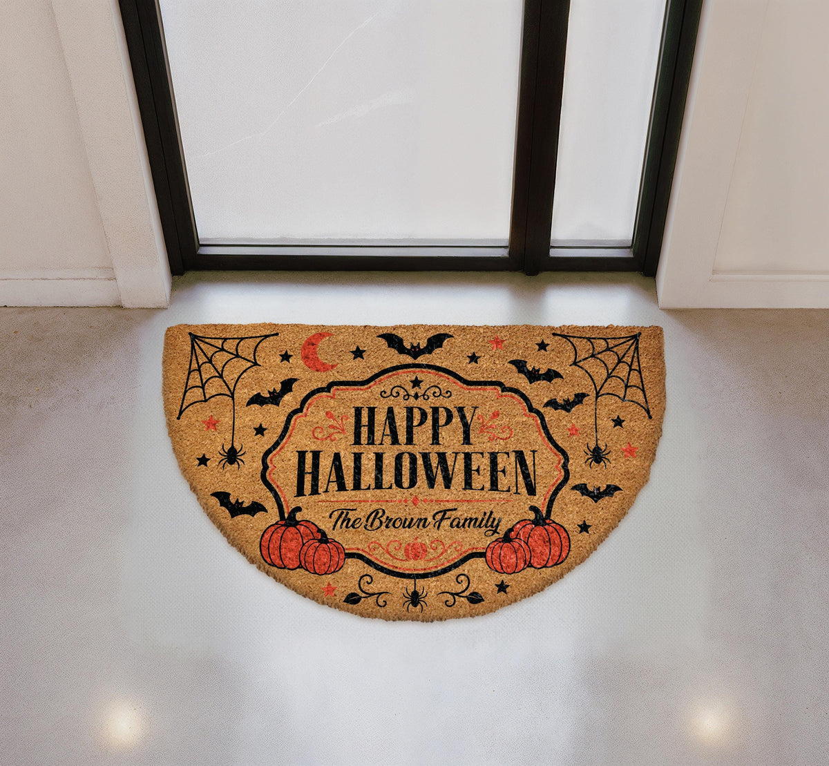 Personalized Halloween Doormat, Custom Family Name Spooky Welcome Mat, Pumpkin Bat Decor
