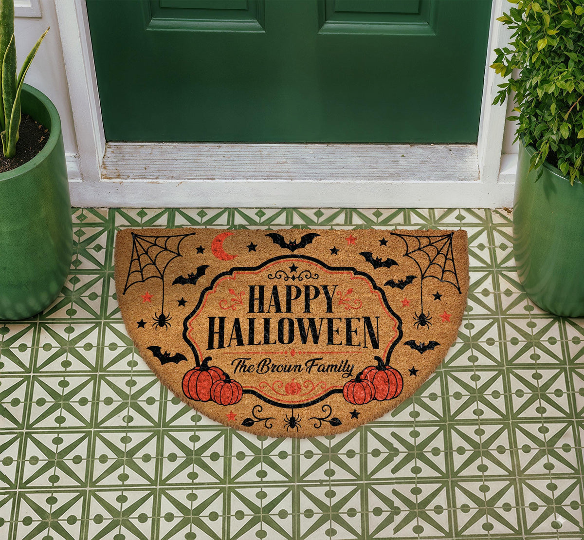 Personalized Halloween Doormat, Custom Family Name Spooky Welcome Mat, Pumpkin Bat Decor