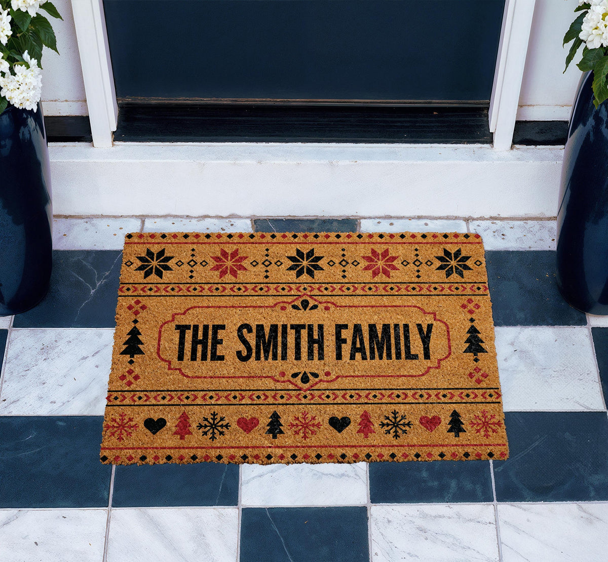 Personalized Fair Isle Christmas Doormat, Snowflake Welcome Mat, Nordic Winter Porch Rug