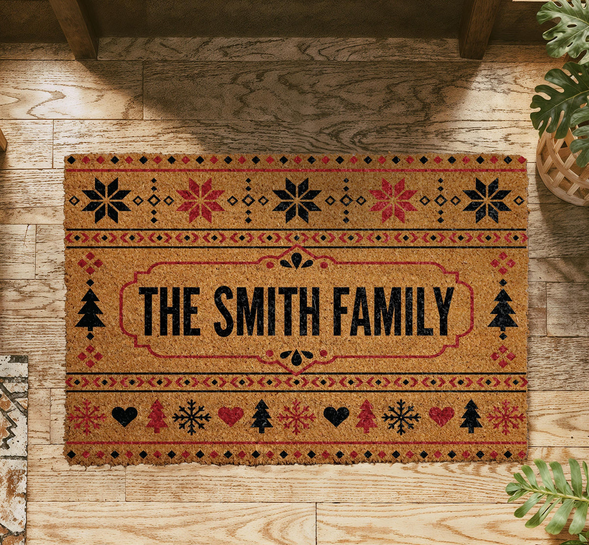 Personalized Fair Isle Christmas Doormat, Snowflake Welcome Mat, Nordic Winter Porch Rug