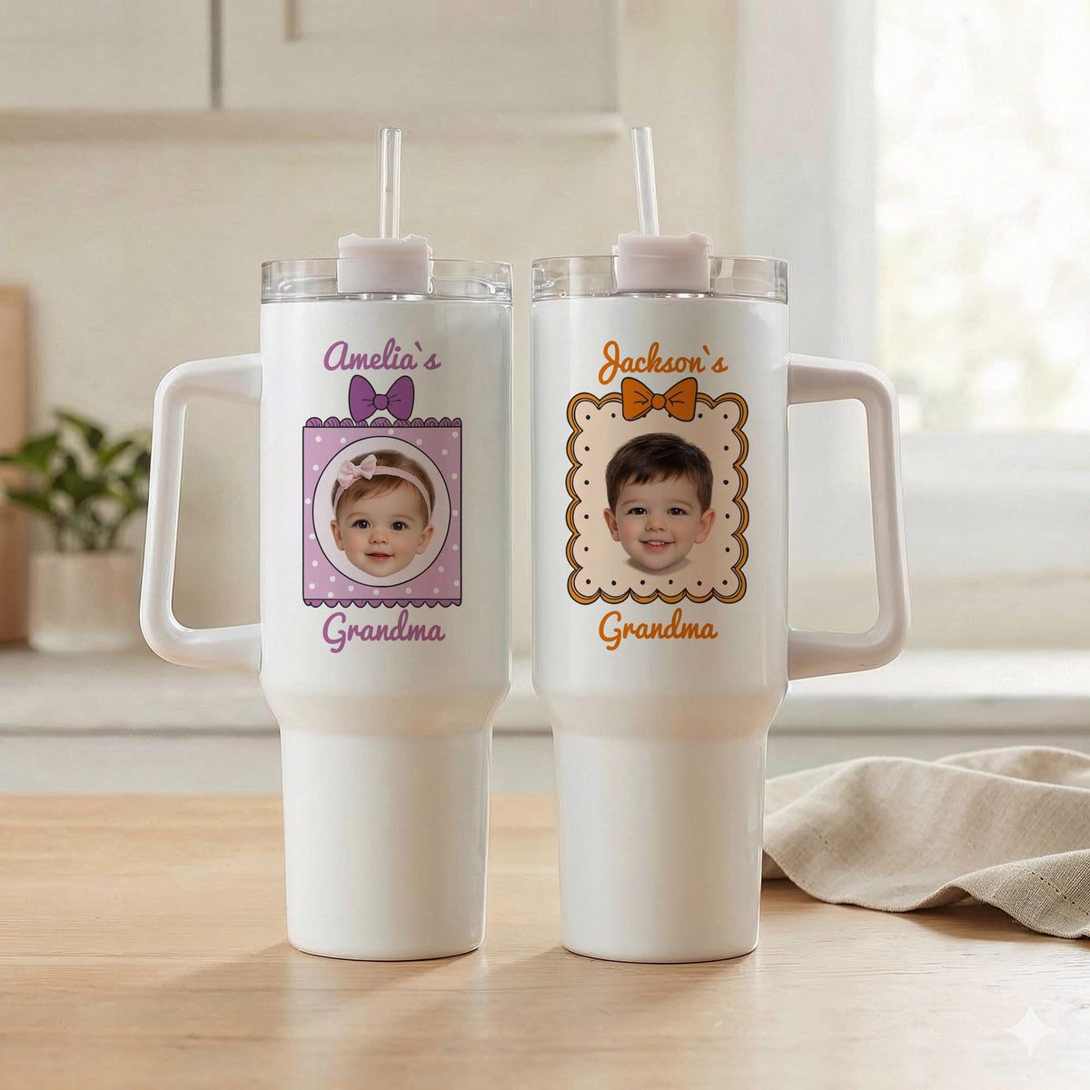 Personalized Photo Grandma Tumbler, 40oz Insulated Travel Cup with Handle