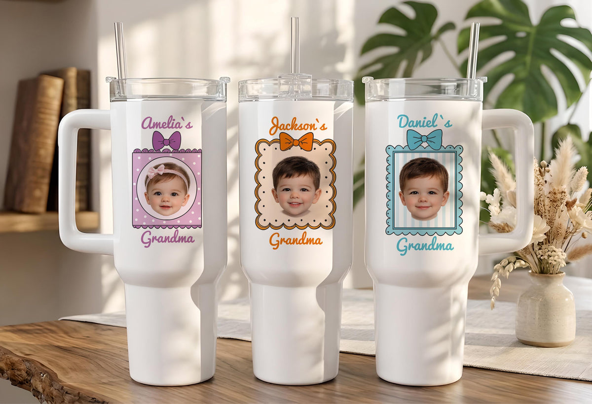 Personalized Photo Grandma Tumbler, 40oz Insulated Travel Cup with Handle