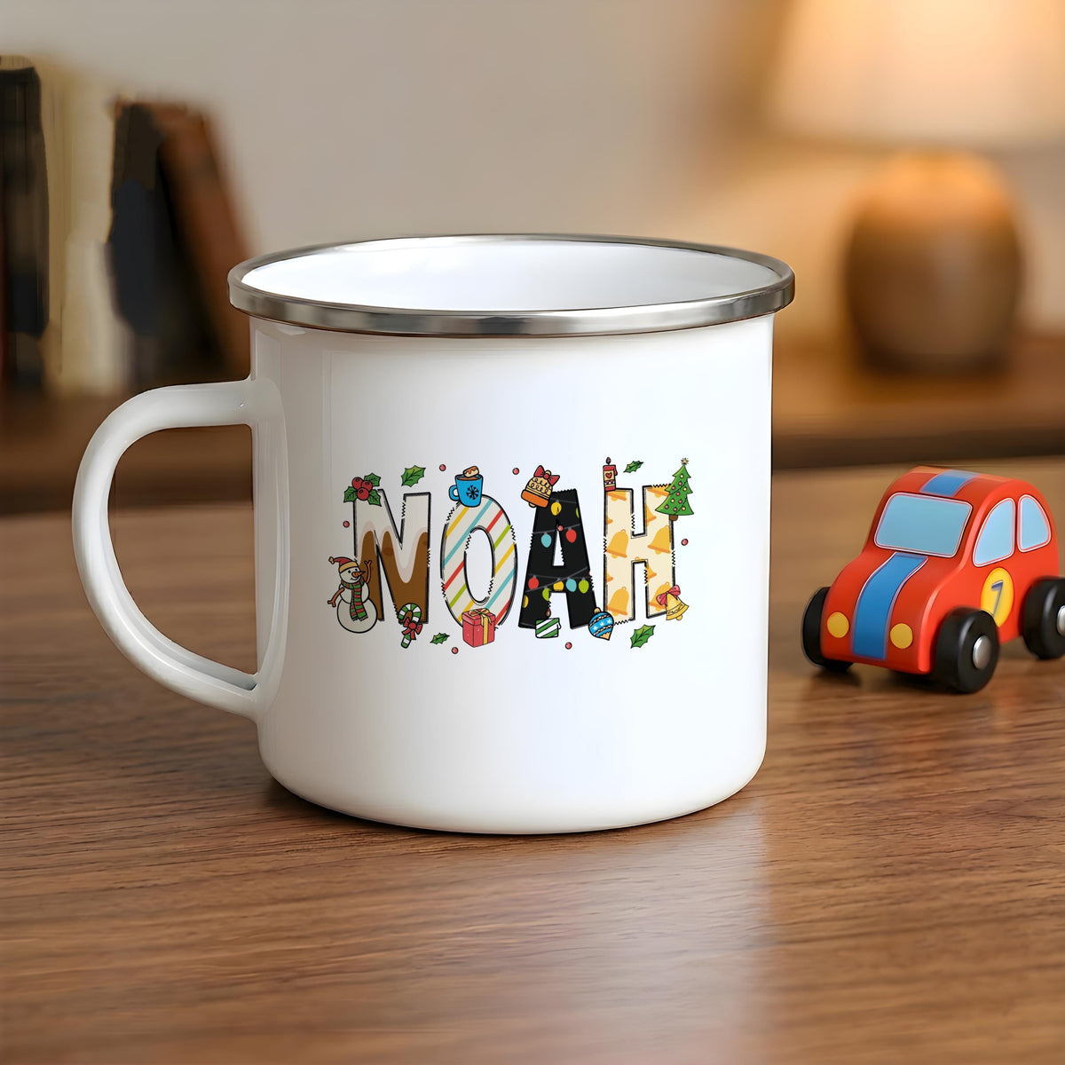 Personalized Kids Christmas Enamel Mug, Custom Name Camp Cup, Winter Drinkware