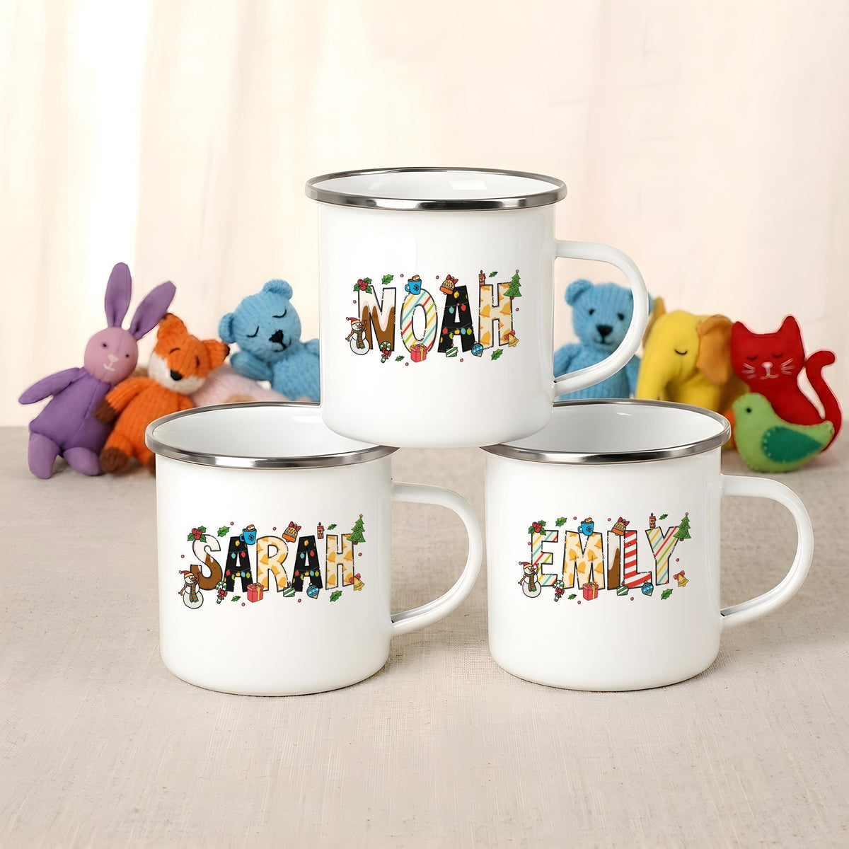 Personalized Kids Christmas Enamel Mug, Custom Name Camp Cup, Winter Drinkware