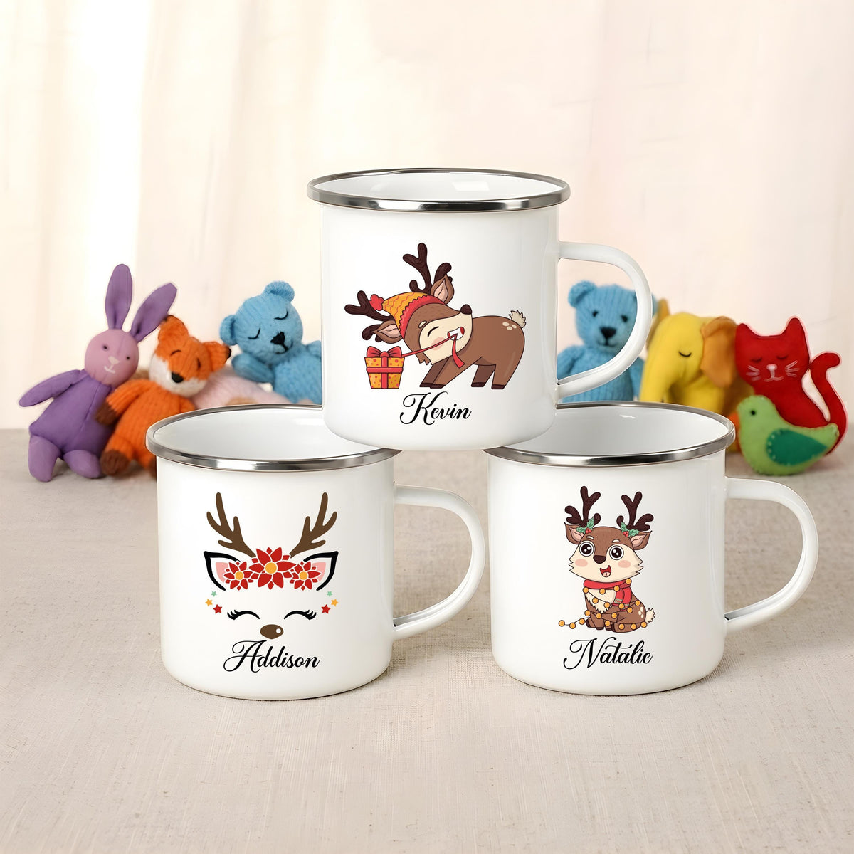 Personalized Reindeer Christmas Mug, Custom Name Enamel Cup, Kids Holiday Camping Favor