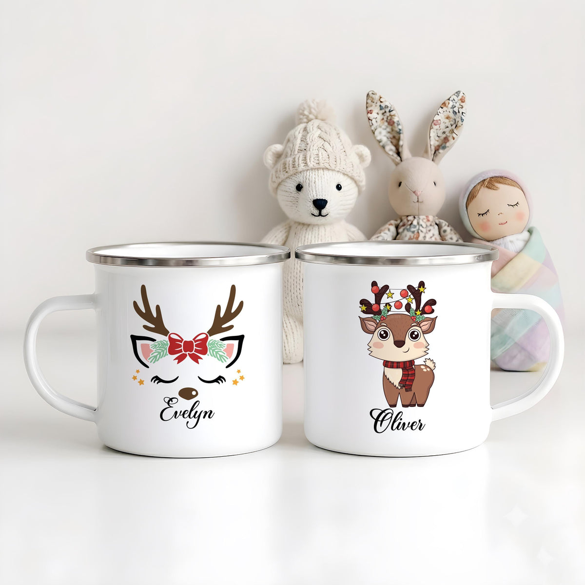 Personalized Reindeer Christmas Mug, Custom Name Enamel Cup, Kids Holiday Camping Favor