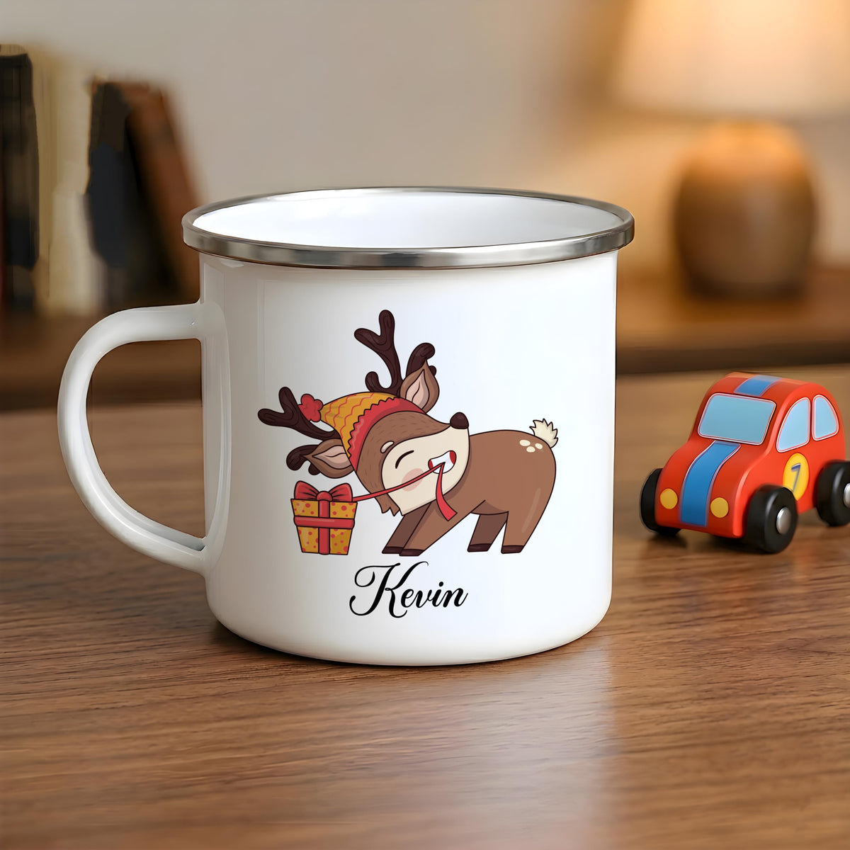 Personalized Reindeer Christmas Mug, Custom Name Enamel Cup, Kids Holiday Camping Favor