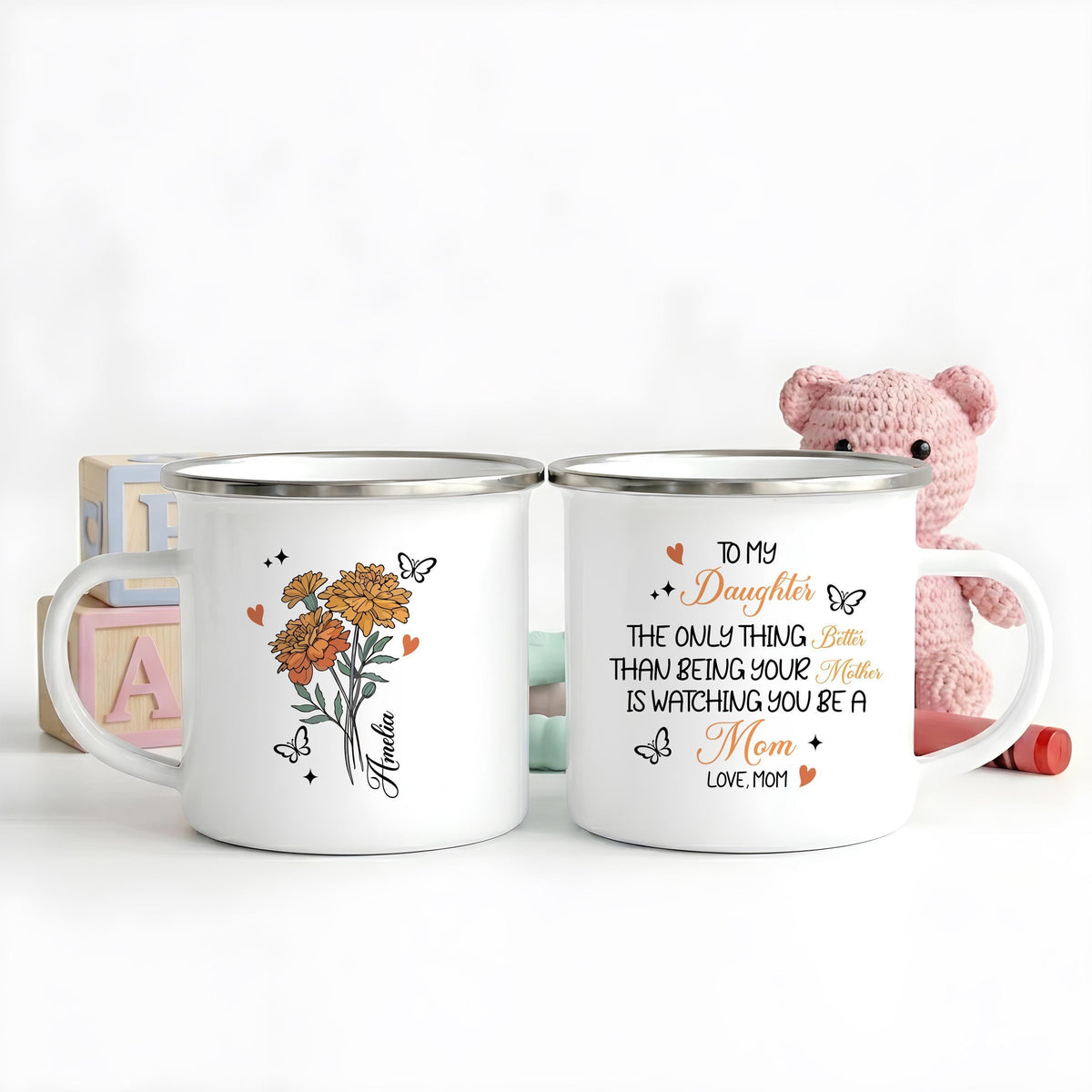 Personalized Birth Flower Enamel Mug, Sentimental To My Daughter Quote Steel Cup